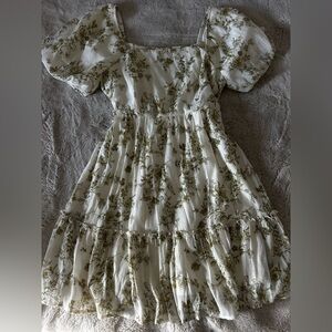 Kids Floral Tiered Dress in Cream and Olive - Youth